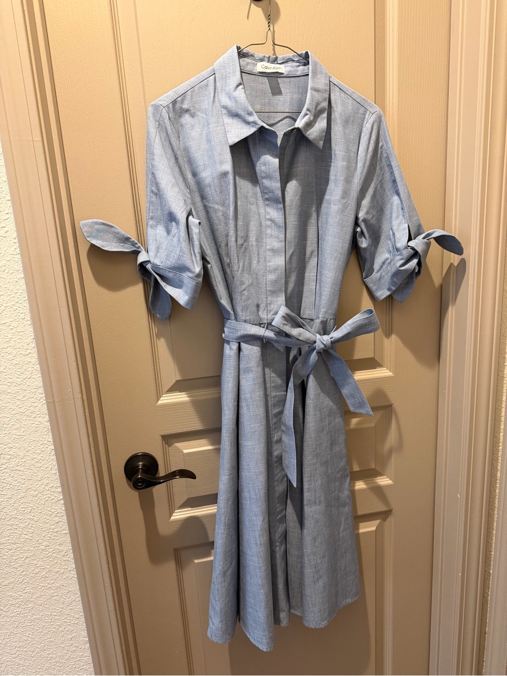 Calvin Klein Light Blue Tie-Waist Midi Shirt Dress